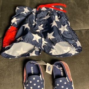 Stars and Stripes shoes and swim trunks -- 3/6 months